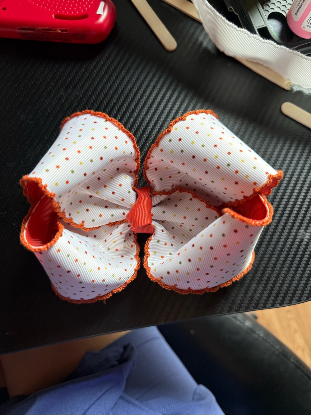 Kids, Girls White and Orange Swiss Dot Boutique Hair Bow